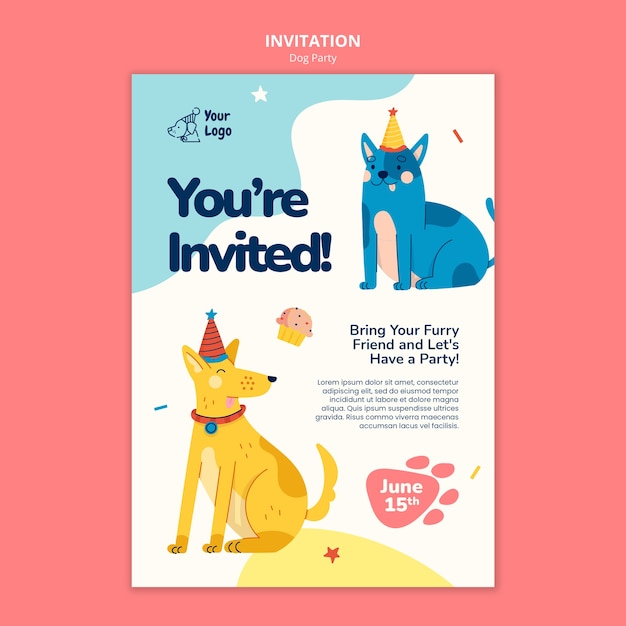 Plantilla de invitación de fiesta de perro de diseño plano