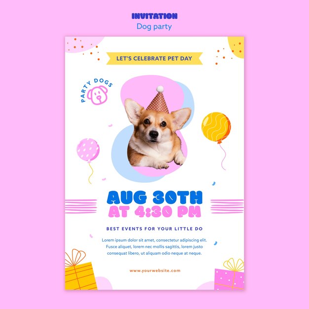 Plantilla de invitación de fiesta de perro de diseño plano