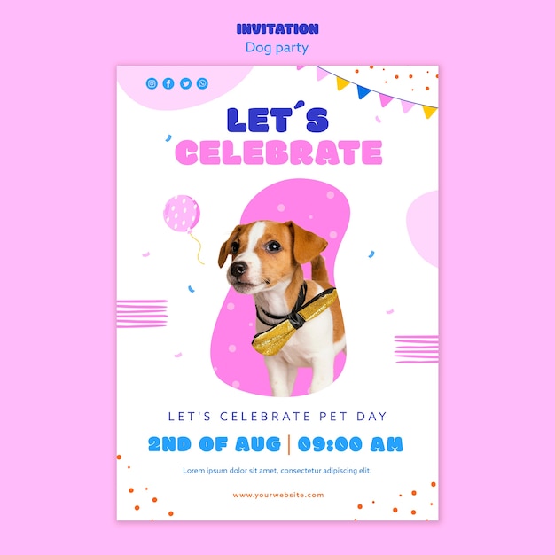 Plantilla de invitación de fiesta de perro de diseño plano