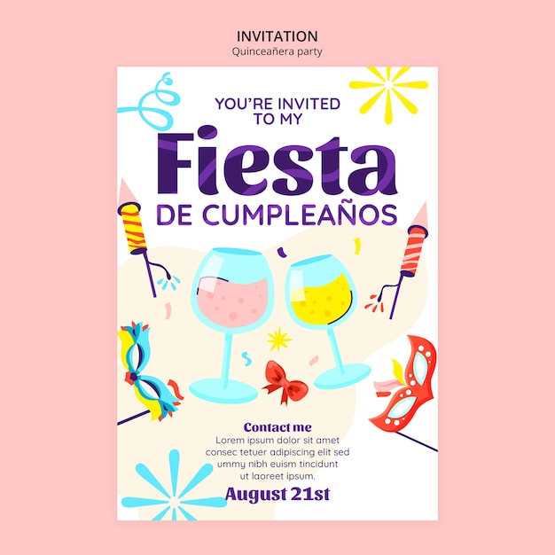 Plantilla de invitación de fiesta de quinceañera de diseño plano