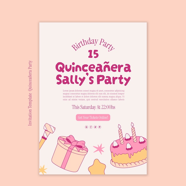 Plantilla de invitación de fiesta de quinceañera de diseño plano
