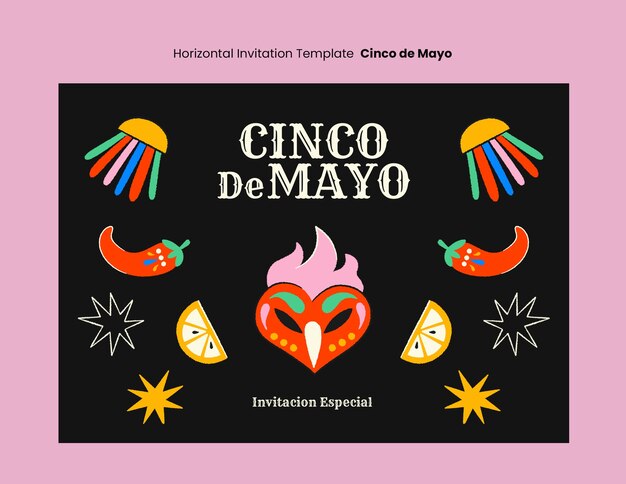 Plantilla de invitación horizontal de flat cinco de mayo