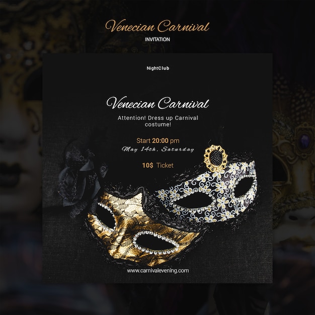 Plantilla de invitación de máscaras de lujo del carnaval de Venecia