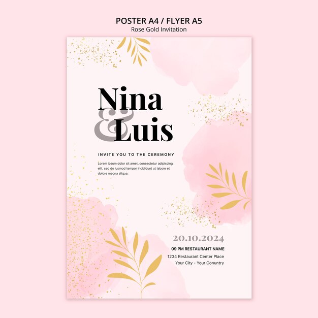 Plantilla de invitación de oro rosa acuarela