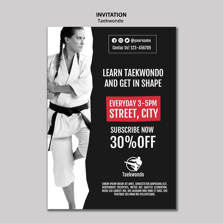 PSD gratuito plantilla de invitación de práctica de taekwondo