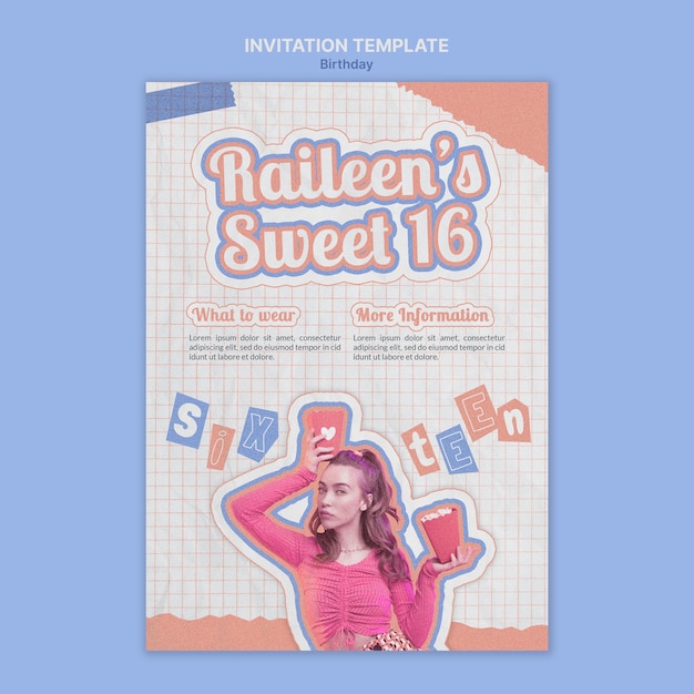 PSD gratuito plantilla de invitación retro dulce 16