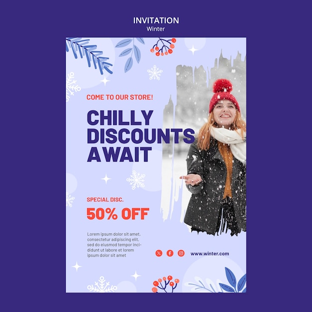 Plantilla de invitación de temporada de invierno de diseño plano