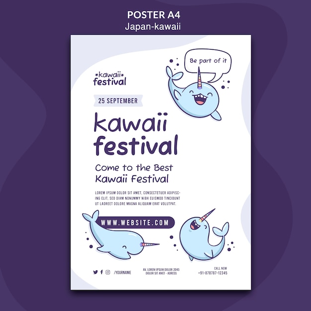 PSD gratuito plantilla de japón kawaii de diseño plano