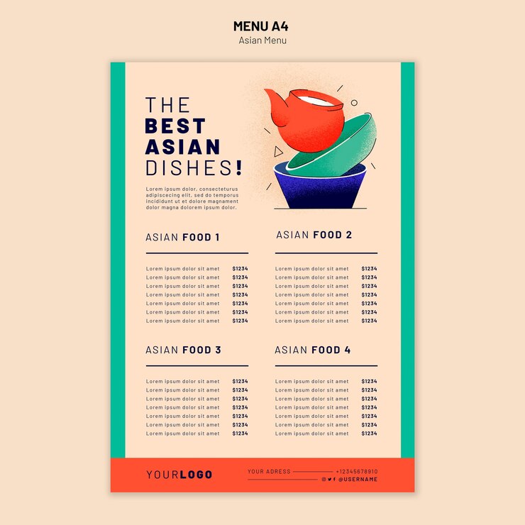 PSD gratuito plantilla de menú asiático de diseño plano