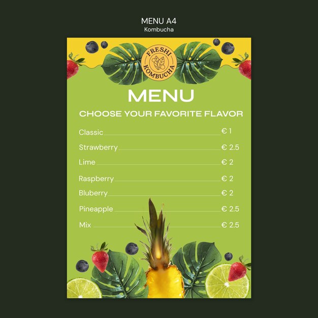 plantilla de menú de bebidas de kombucha