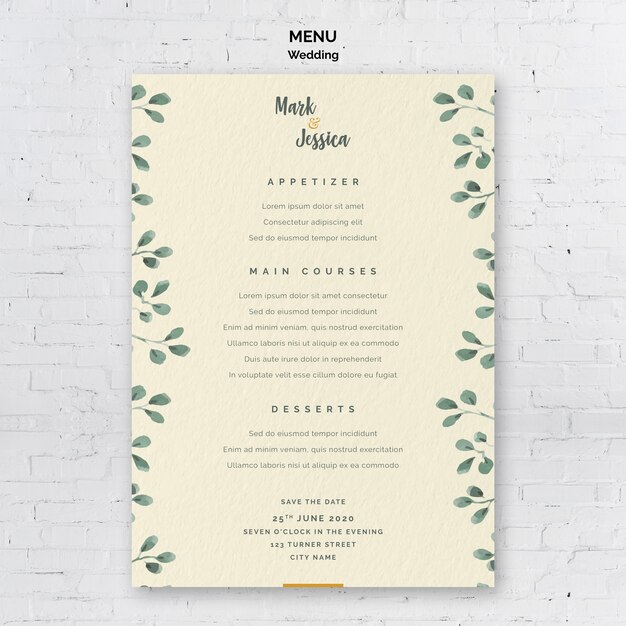 Plantilla de menú de boda decorativa