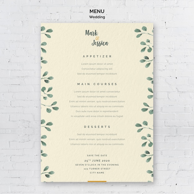 Plantilla de menú de boda decorativa