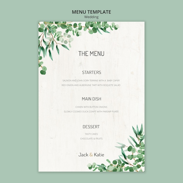Plantilla de menú para boda con hojas