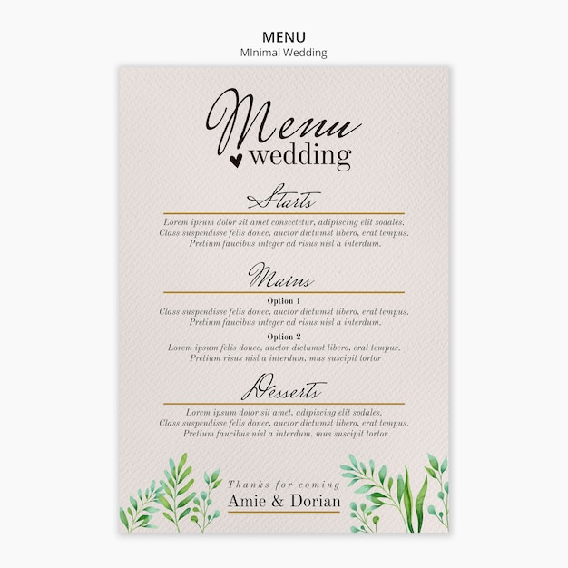 Plantilla de menú de boda mínima