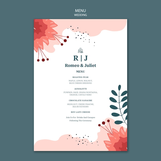 Plantilla de menú para bodas con flores