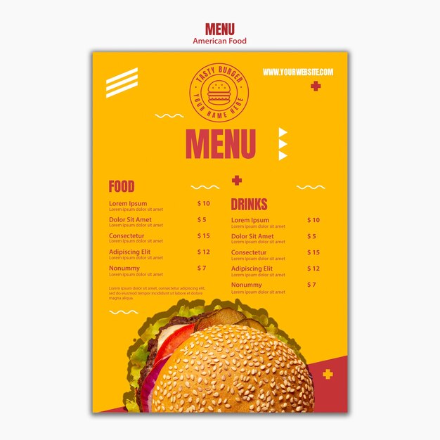 Plantilla de menú de comida americana sabrosa hamburguesa con queso