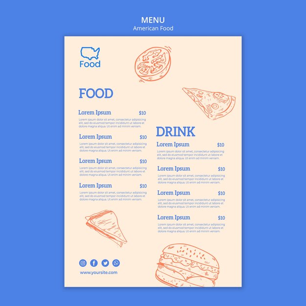 Plantilla de menú con comida americana