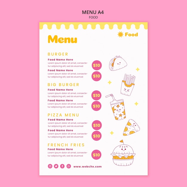 Plantilla de menú de comida deliciosa dibujada a mano