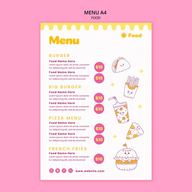 Plantilla de menú de comida deliciosa dibujada a mano