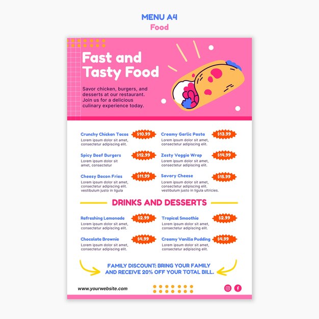 Plantilla de menú de comida deliciosa dibujada a mano