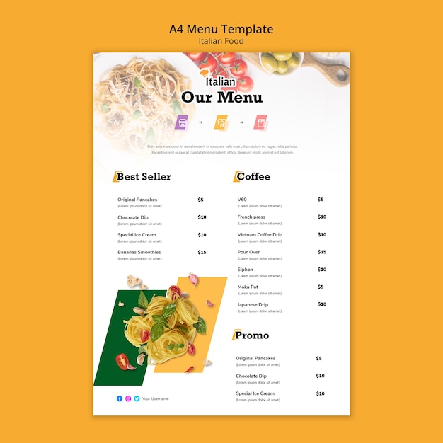 Plantilla de menú de comida italiana