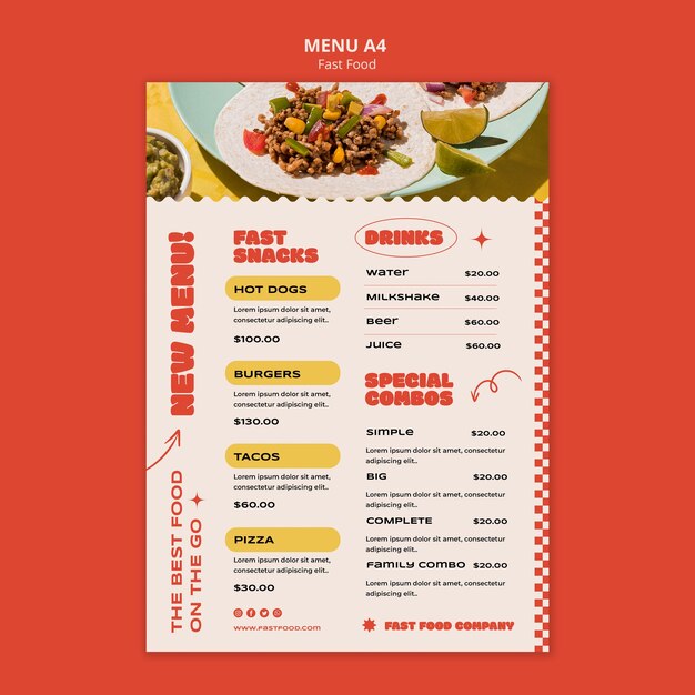 Plantilla de menú de comida rápida deliciosa