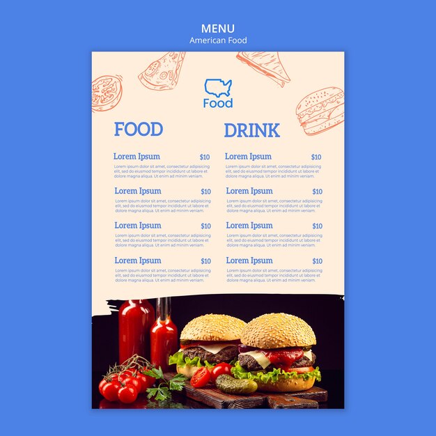 Plantilla de menú con concepto de comida americana