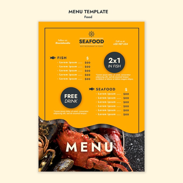 Plantilla de menú de deliciosos mariscos frescos