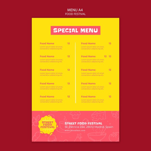 Plantilla de menú de festival de comida de diseño plano