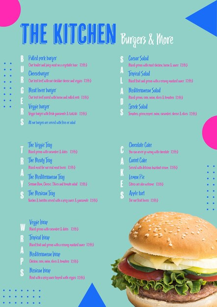 Plantilla de menú de hamburguesas de cocina