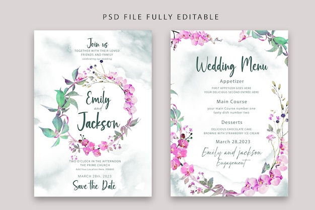 Plantilla de menú y invitación de boda floral psd acuarela