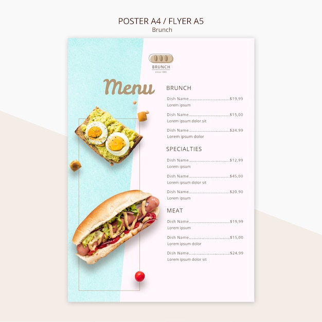 PSD gratuito plantilla de menú para restaurante de brunch