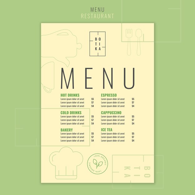 Plantilla de menú de restaurante de comida de diseño plano