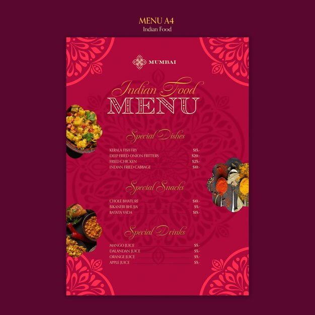Plantilla de menú de restaurante de comida india con diseño de mandala