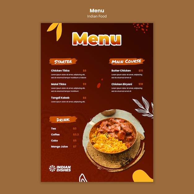 Plantilla de menú de restaurante de comida india