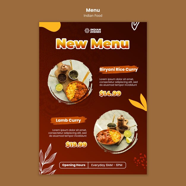 Plantilla de menú de restaurante de comida india