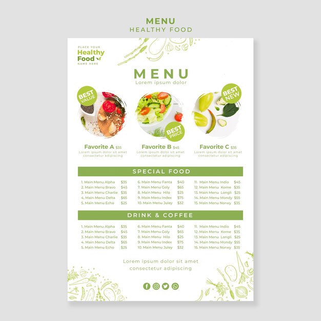 Plantilla de menú de restaurante de comida saludable