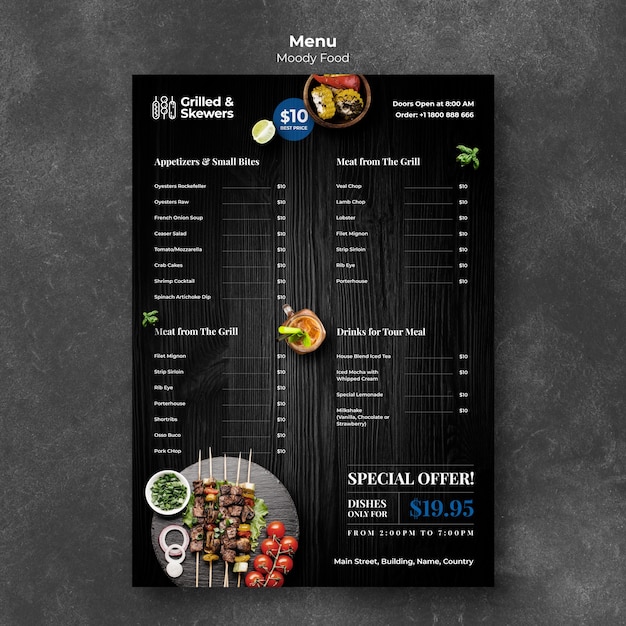 Plantilla de menú de restaurante de comida y verduras a la parrilla