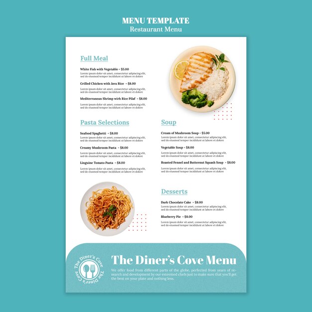 Plantilla de menú de restaurante de diseño plano