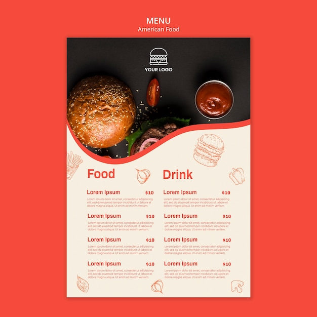 Plantilla de menú para restaurante de hamburguesas