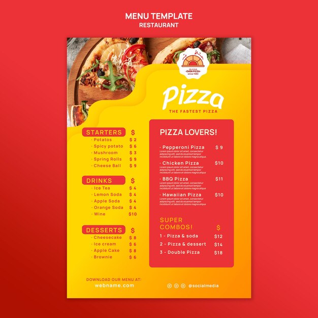 Plantilla de menú de restaurante de pizza