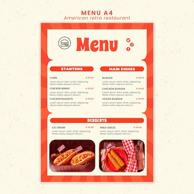 Plantilla de menú de restaurante retro americano