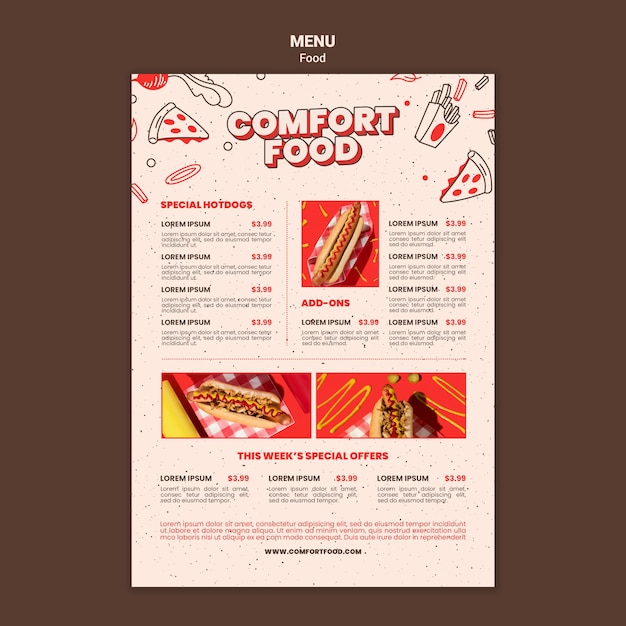 Plantilla de menú vertical para comida reconfortante para perros calientes
