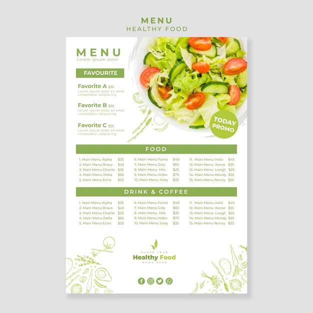 Plantilla de menú vertical de restaurante de comida sana