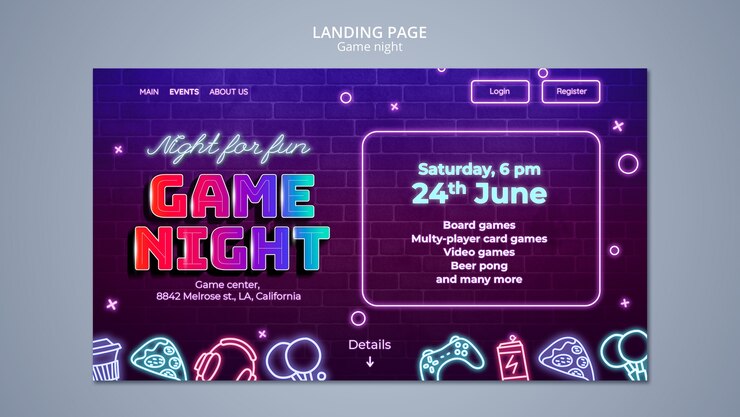 PSD gratuito plantilla de página de aterrizaje de entretenimiento de la noche del juego