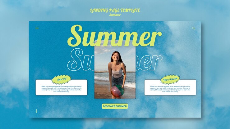 PSD gratuito plantilla de página de aterrizaje de verano con gente en la playa
