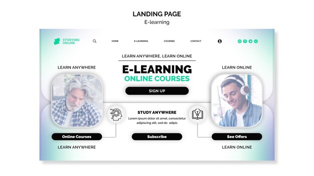 Plantilla de página de destino de aprendizaje electrónico con diseño degradado