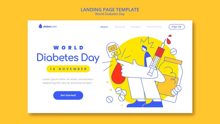 PSD gratuito plantilla de página de destino para la celebración del día mundial de la diabetes