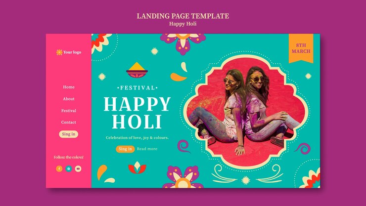 PSD gratuito plantilla de página de destino de celebración del festival holi