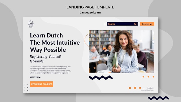 PSD gratuito plantilla de página de destino de clases de aprendizaje de idioma holandés con diseño de puntos